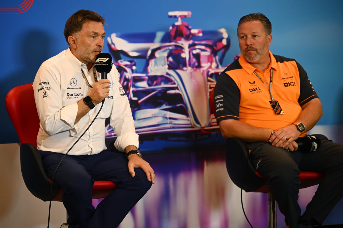 AUSTIN, TEXAS - OCTOBER 22: Jost Capito, CEO of Williams F1 and McLaren Chief Executive Officer Zak Brown attend the Team Principals Press Conference prior to final practice ahead of the F1 Grand Prix of USA at Circuit of The Americas on October 22, 2022 in Austin, Texas. (Photo by Clive Mason/Getty Images)