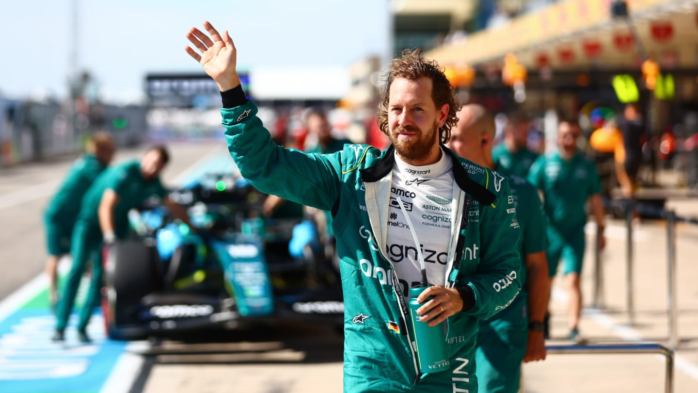 AUSTIN, TEXAS - OCTOBER 22: Sebastian Vettel of Germany and Aston Martin F1 Team waves to the crowd from the pitlane during final practice ahead of the F1 Grand Prix of USA at Circuit of The Americas on October 22, 2022 in Austin, Texas. (Photo by Dan Istitene - Formula 1/Formula 1 via Getty Images)