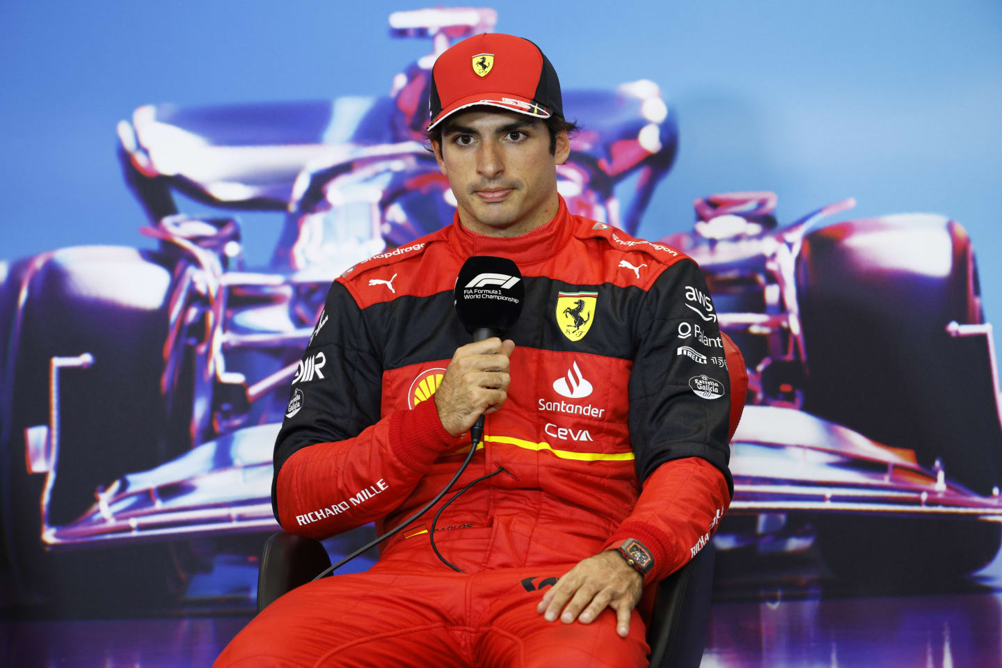 AUSTIN, TEXAS - OCTOBER 22: Pole position qualifier Carlos Sainz of Spain and Ferrari attends the press conference after qualifying ahead of the F1 Grand Prix of USA at Circuit of The Americas on October 22, 2022 in Austin, Texas. (Photo by Jared C. Tilton/Getty Images)