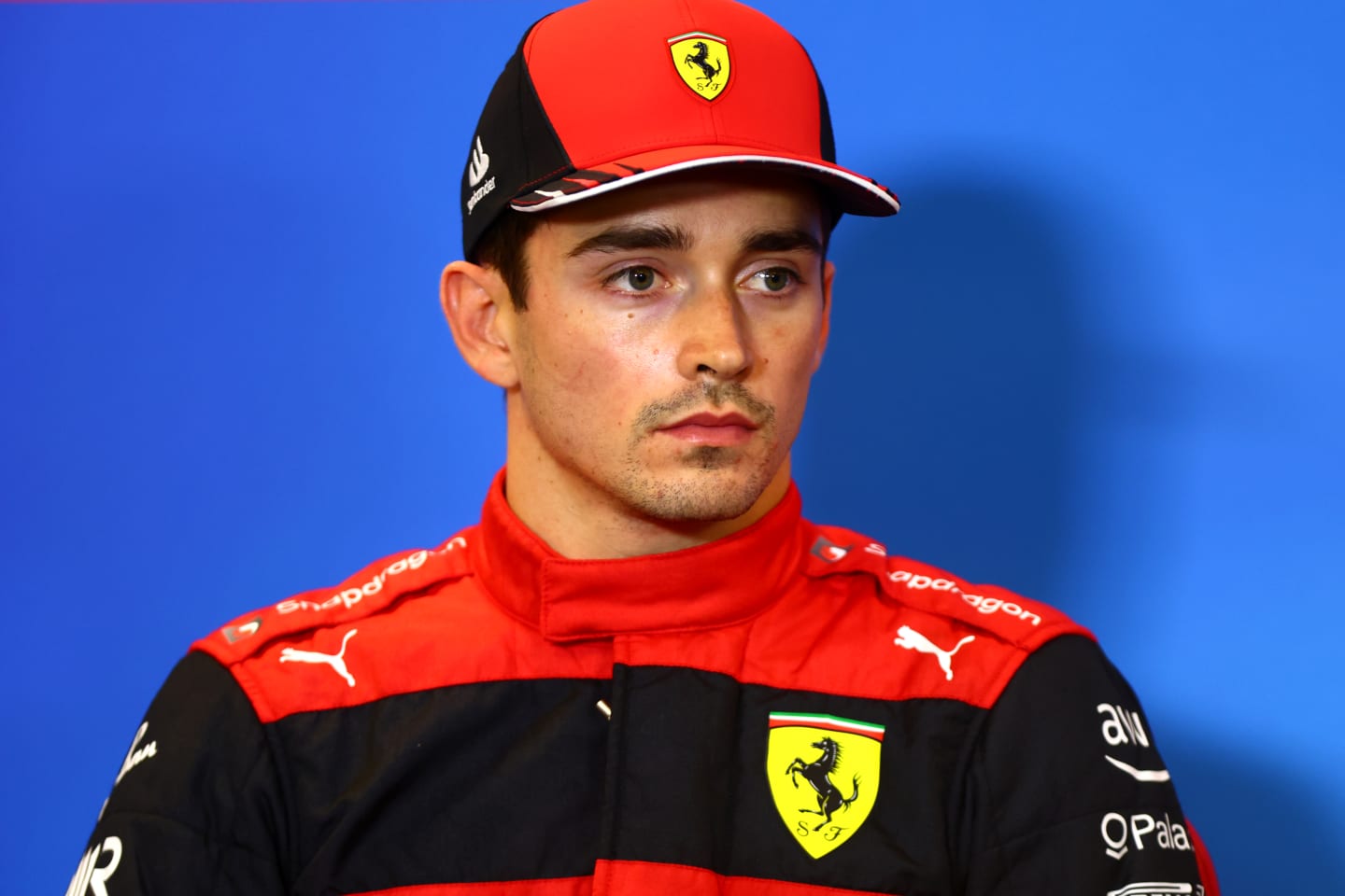 AUSTIN, TEXAS - OCTOBER 22: Second placed qualifier Charles Leclerc of Monaco and Ferrari attends the press conference after qualifying ahead of the F1 Grand Prix of USA at Circuit of The Americas on October 22, 2022 in Austin, Texas. (Photo by Dan Istitene/Getty Images)