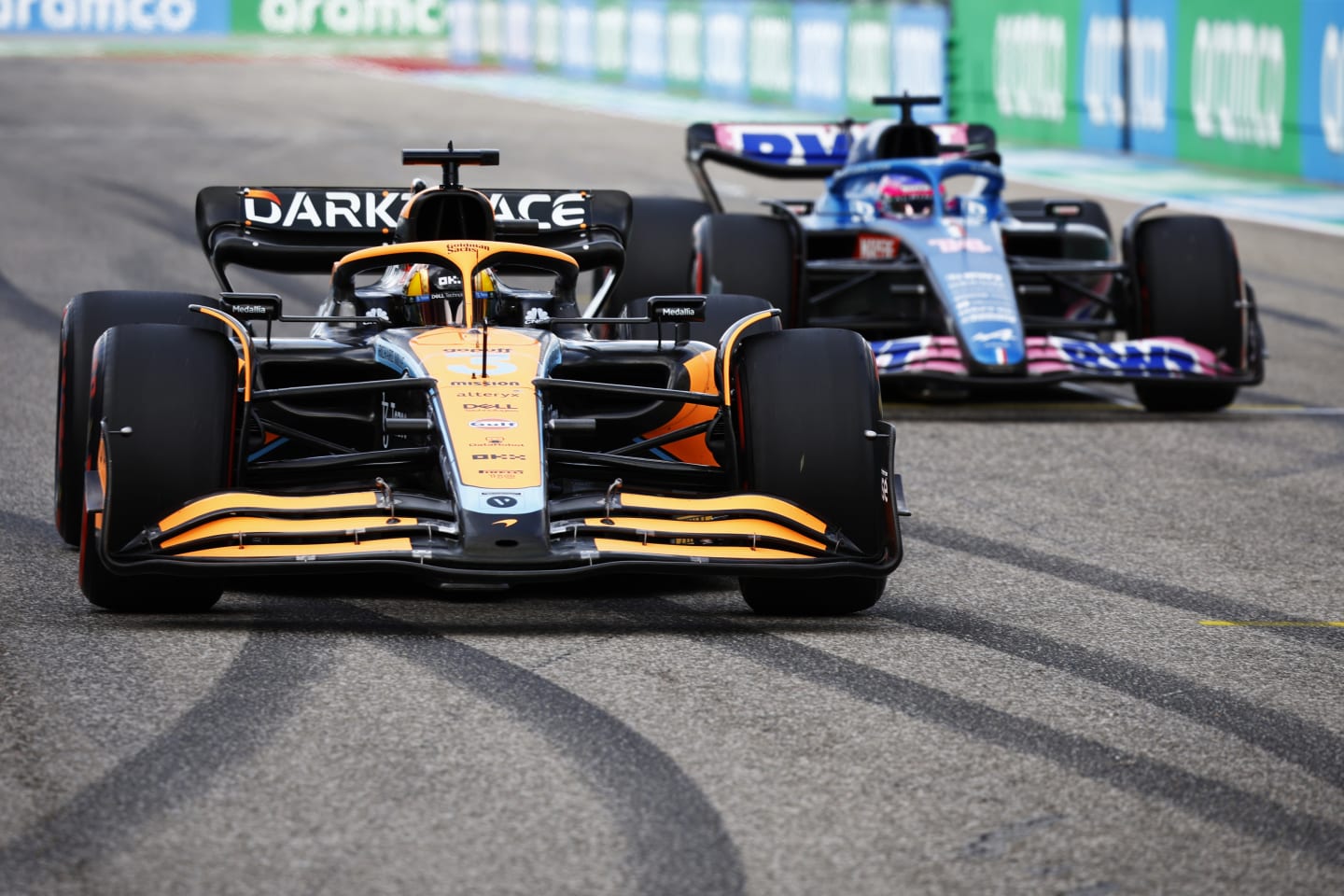 AUSTIN, TEXAS - OCTOBER 23: Daniel Ricciardo of Australia and McLaren and Fernando Alonso of Spain