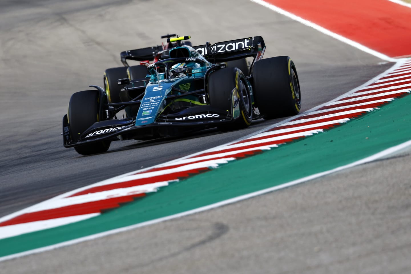 AUSTIN, TEXAS - OCTOBER 23: Sebastian Vettel of Germany driving the (5) Aston Martin AMR22 Mercedes on track during the F1 Grand Prix of USA at Circuit of The Americas on October 23, 2022 in Austin, Texas. (Photo by Chris Graythen/Getty Images)