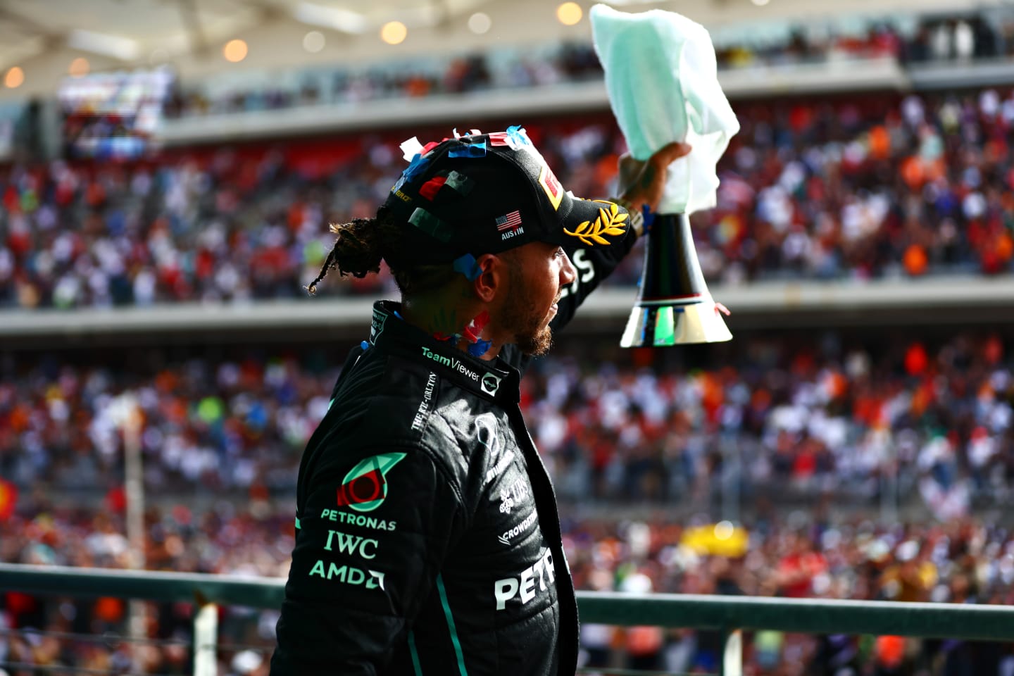 AUSTIN, TEXAS - OCTOBER 23: Second placed Lewis Hamilton of Great Britain and Mercedes celebrates