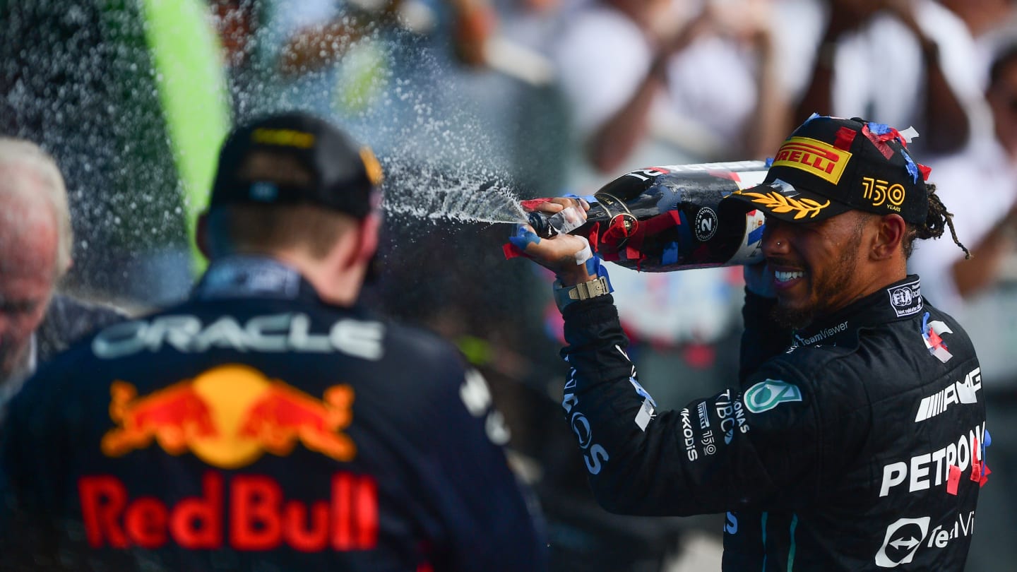 AUSTIN, TEXAS - OCTOBER 23: Second placed Lewis Hamilton of Great Britain and Mercedes celebrates