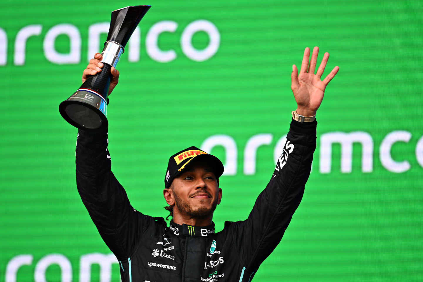 AUSTIN, TEXAS - OCTOBER 23: Second placed Lewis Hamilton of Great Britain and Mercedes celebrates