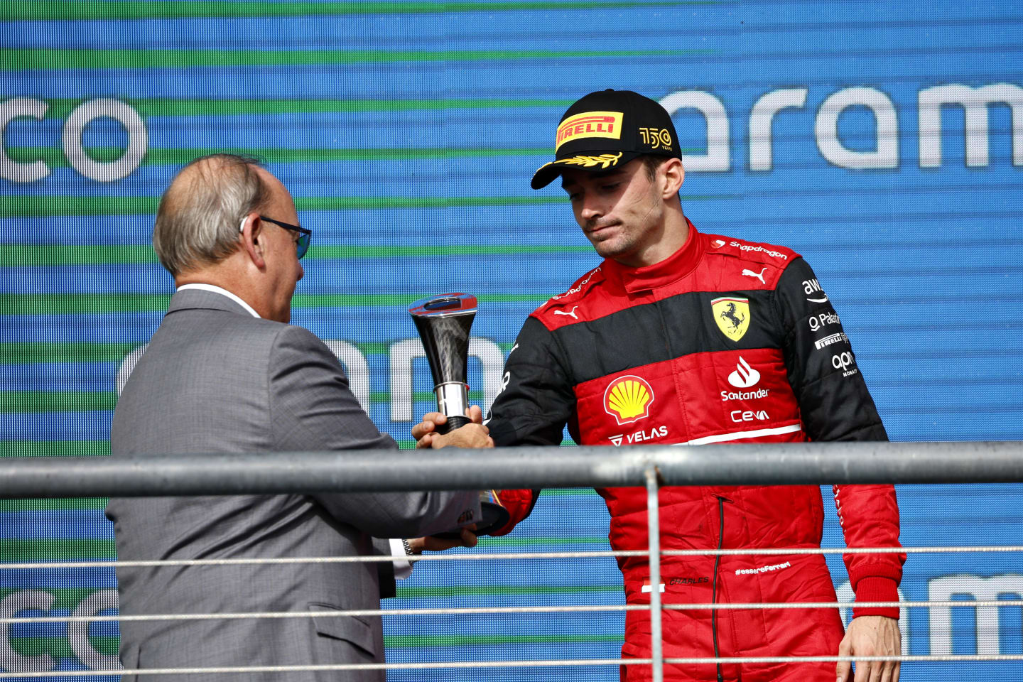 AUSTIN, TEXAS - OCTOBER 23: Third placed Charles Leclerc of Monaco and Ferrari celebrates on the