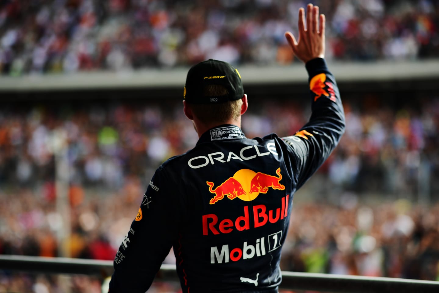AUSTIN, TEXAS - OCTOBER 23: Race winner Max Verstappen of the Netherlands and Oracle Red Bull Racing celebrates on the podium following the F1 Grand Prix of USA at Circuit of The Americas on October 23, 2022 in Austin, Texas. (Photo by Mario Renzi - Formula 1/Formula 1 via Getty Images)