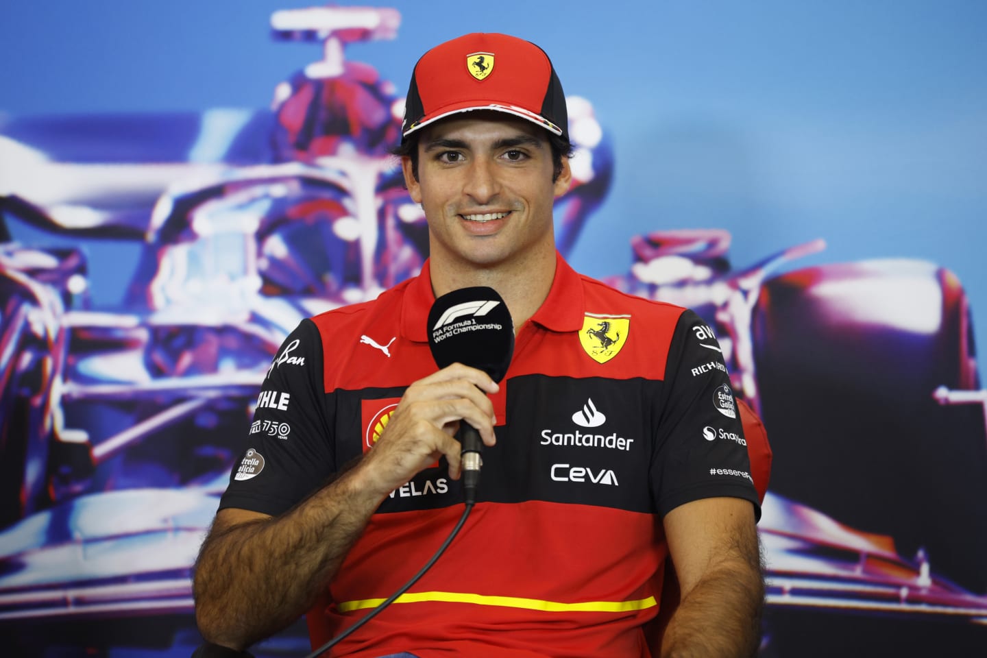AUSTIN, TEXAS - OCTOBER 20: Carlos Sainz of Spain and Ferrari talks in the Drivers Press Conference during previews ahead of the F1 Grand Prix of USA at Circuit of The Americas on October 20, 2022 in Austin, Texas. (Photo by Jared C. Tilton/Getty Images)