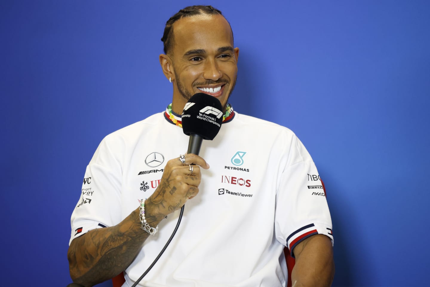 AUSTIN, TEXAS - OCTOBER 20: Lewis Hamilton of Great Britain and Mercedes attends the Drivers Press Conference during previews ahead of the F1 Grand Prix of USA at Circuit of The Americas on October 20, 2022 in Austin, Texas. (Photo by Jared C. Tilton/Getty Images)