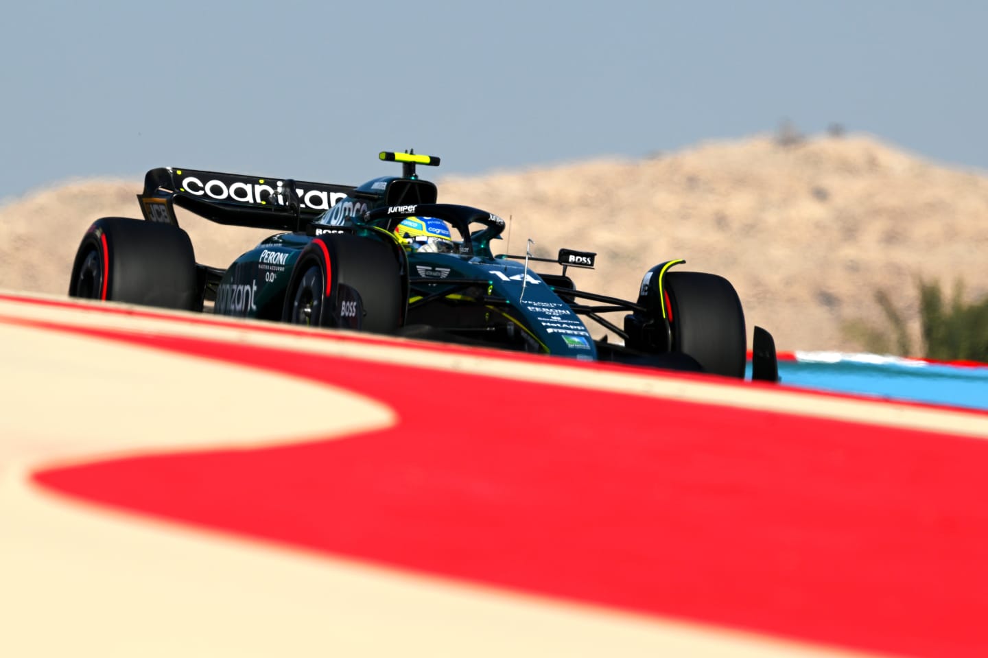 BAHRAIN, BAHRAIN - MARCH 03: Fernando Alonso of Spain driving the (14) Aston Martin AMR23 Mercedes