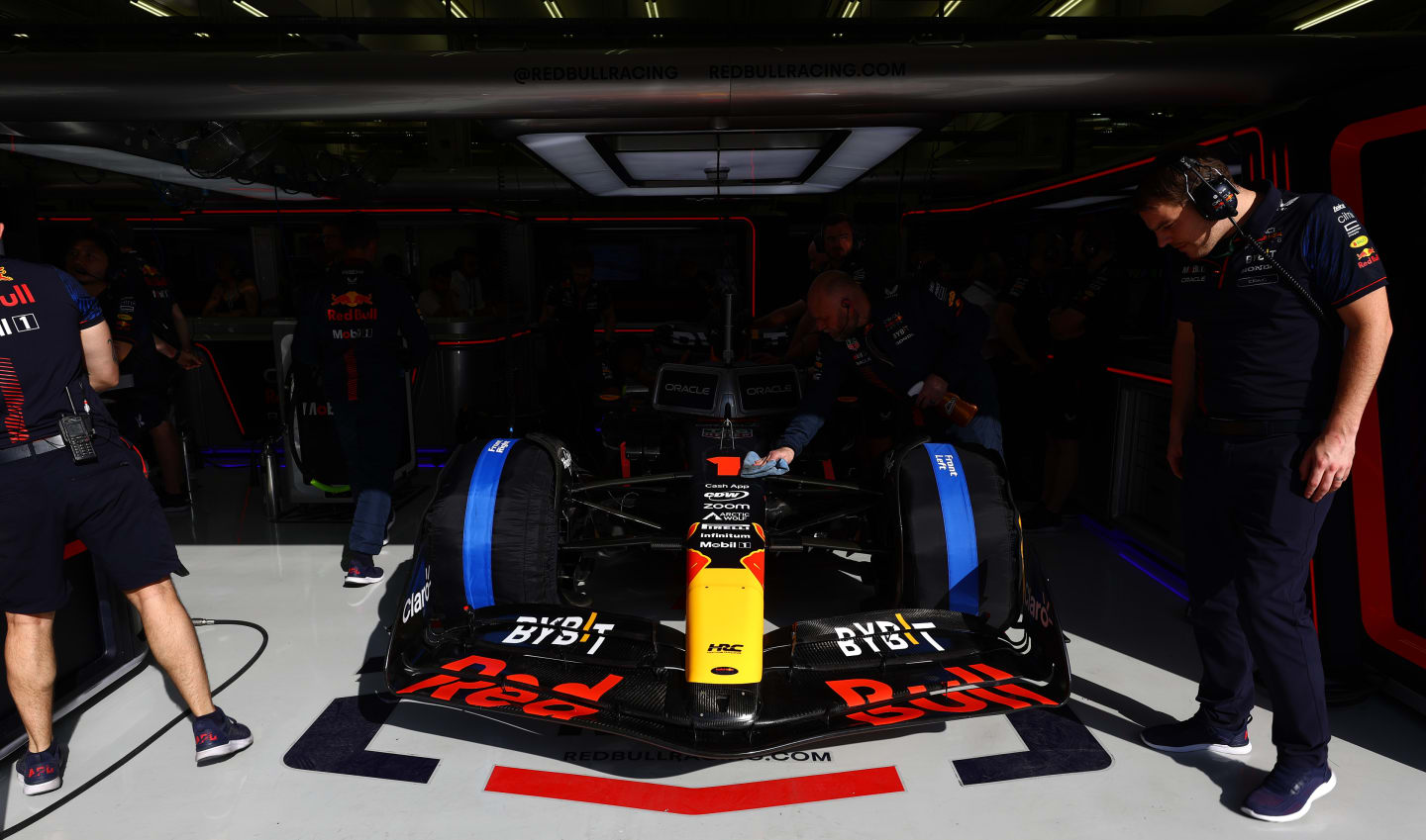 BAHRAIN, BAHRAIN - MARCH 03: A view of Max Verstappen of the Netherlands and Oracle Red Bull Racing in the garage during practice ahead of the F1 Grand Prix of Bahrain at Bahrain International Circuit on March 03, 2023 in Bahrain, Bahrain. (Photo by Mark Thompson/Getty Images)