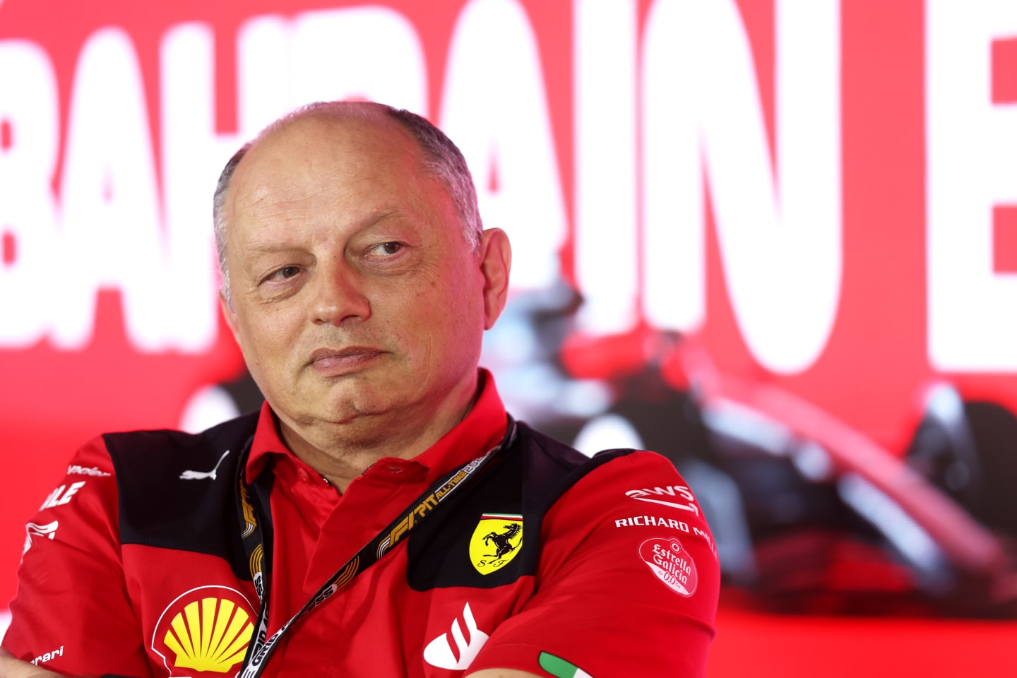 BAHRAIN, BAHRAIN - MARCH 03: Ferrari Team Principal Frederic Vasseur attends the Team Principals Press Conference during practice ahead of the F1 Grand Prix of Bahrain at Bahrain International Circuit on March 03, 2023 in Bahrain, Bahrain. (Photo by Lars Baron/Getty Images)