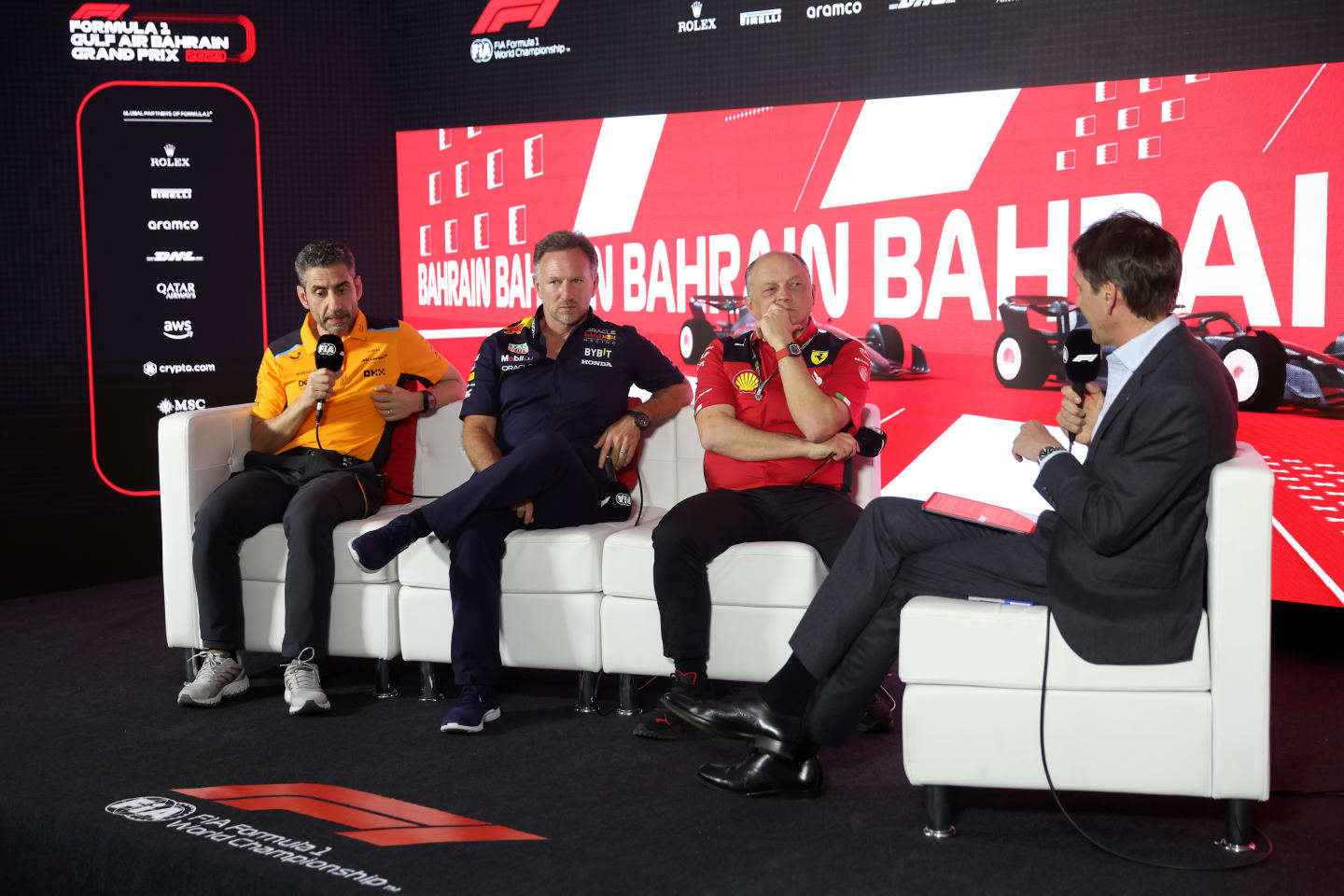 (L-R) McLaren Team Principal Andrea Stella, Red Bull Team Principal Christian Horner and Ferrari Team Principal Frederic Vasseur