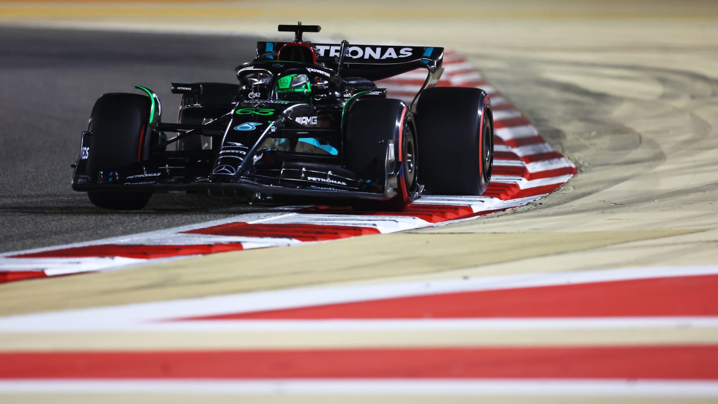 BAHRAIN, BAHRAIN - MARCH 04: George Russell of Great Britain driving the (63) Mercedes AMG Petronas F1 Team W14 on track during qualifying ahead of the F1 Grand Prix of Bahrain at Bahrain International Circuit on March 04, 2023 in Bahrain, Bahrain. (Photo by Dan Istitene - Formula 1/Formula 1 via Getty Images)