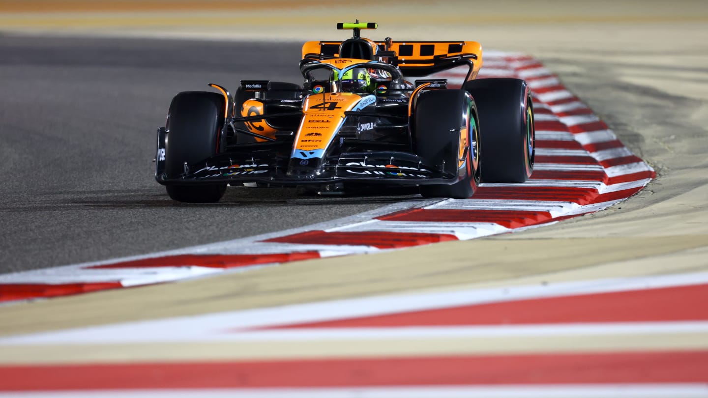 BAHRAIN, BAHRAIN - MARCH 04: Lando Norris of Great Britain driving the (4) McLaren MCL60 Mercedes on track during qualifying ahead of the F1 Grand Prix of Bahrain at Bahrain International Circuit on March 04, 2023 in Bahrain, Bahrain. (Photo by Dan Istitene - Formula 1/Formula 1 via Getty Images)