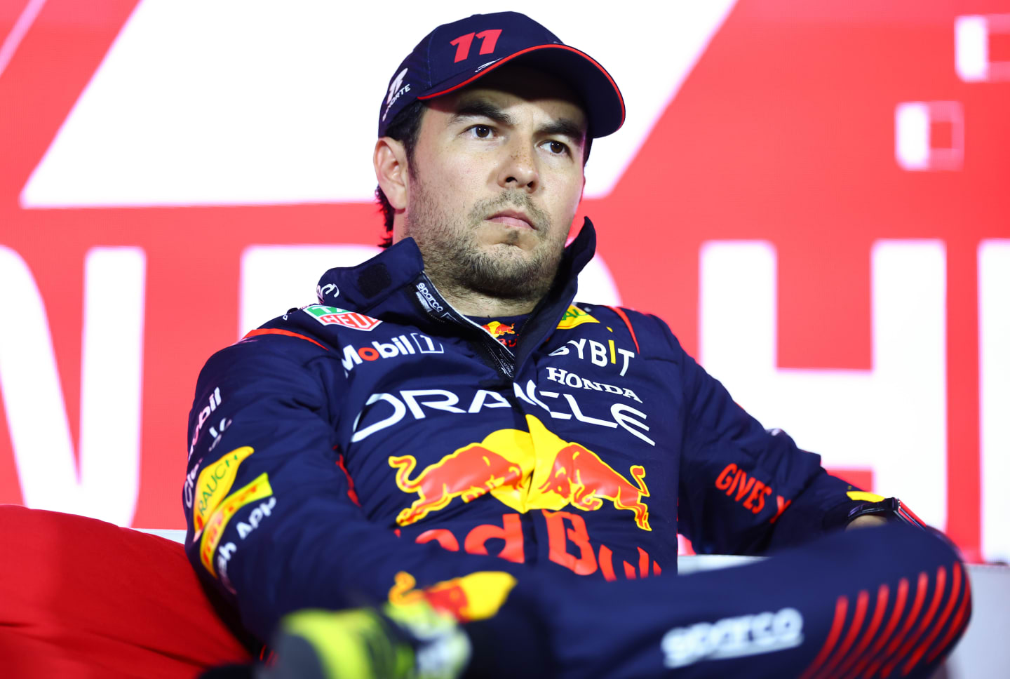 BAHRAIN, BAHRAIN - MARCH 04: Second placed qualifier Sergio Perez of Mexico and Oracle Red Bull Racing attends the press conference after qualifying ahead of the F1 Grand Prix of Bahrain at Bahrain International Circuit on March 04, 2023 in Bahrain, Bahrain. (Photo by Dan Istitene/Getty Images)