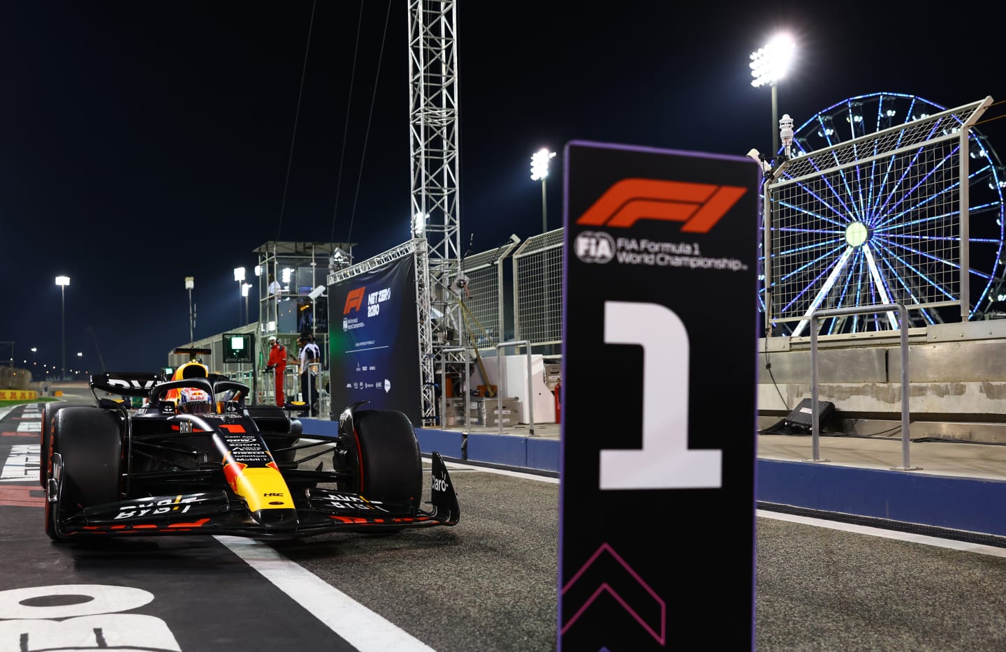 BAHRAIN, BAHRAIN - MARCH 04: Pole position qualifier Max Verstappen of the Netherlands driving the (1) Oracle Red Bull Racing RB19 stops in parc ferme during qualifying ahead of the F1 Grand Prix of Bahrain at Bahrain International Circuit on March 04, 2023 in Bahrain, Bahrain. (Photo by Mark Thompson/Getty Images)