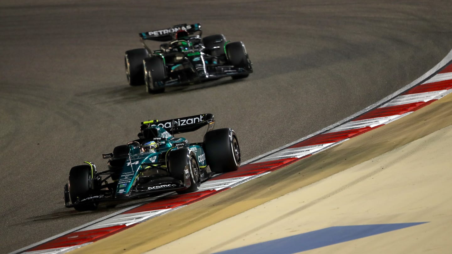 BAHRAIN, BAHRAIN - MARCH 05: Fernando Alonso of Spain driving the (14) Aston Martin AMR23 Mercedes
