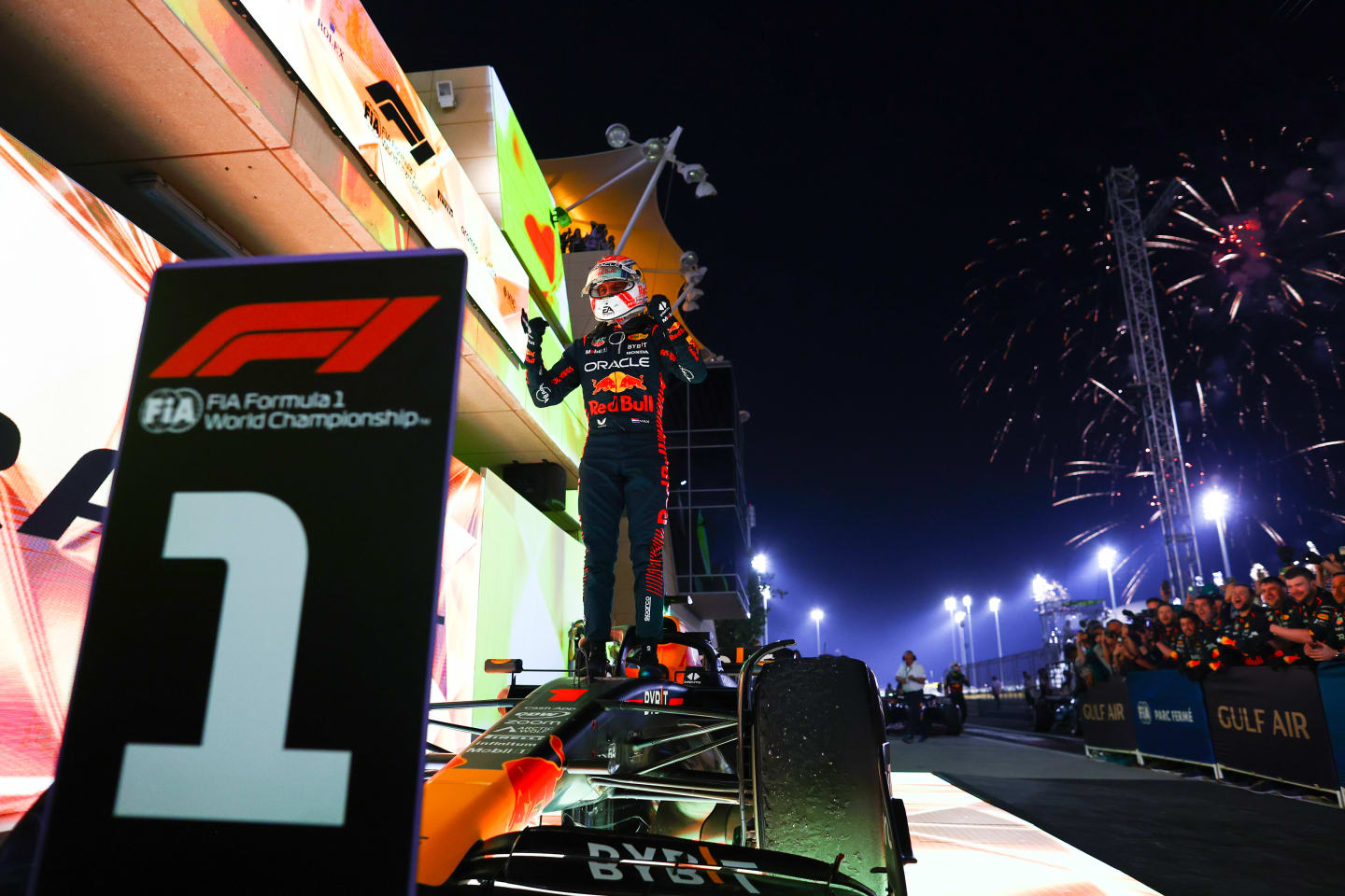 BAHRAIN, BAHRAIN - MARCH 05: Race winner Max Verstappen of the Netherlands and Oracle Red Bull Racing celebrates in parc ferme during the F1 Grand Prix of Bahrain at Bahrain International Circuit on March 05, 2023 in Bahrain, Bahrain. (Photo by Mark Thompson/Getty Images)
