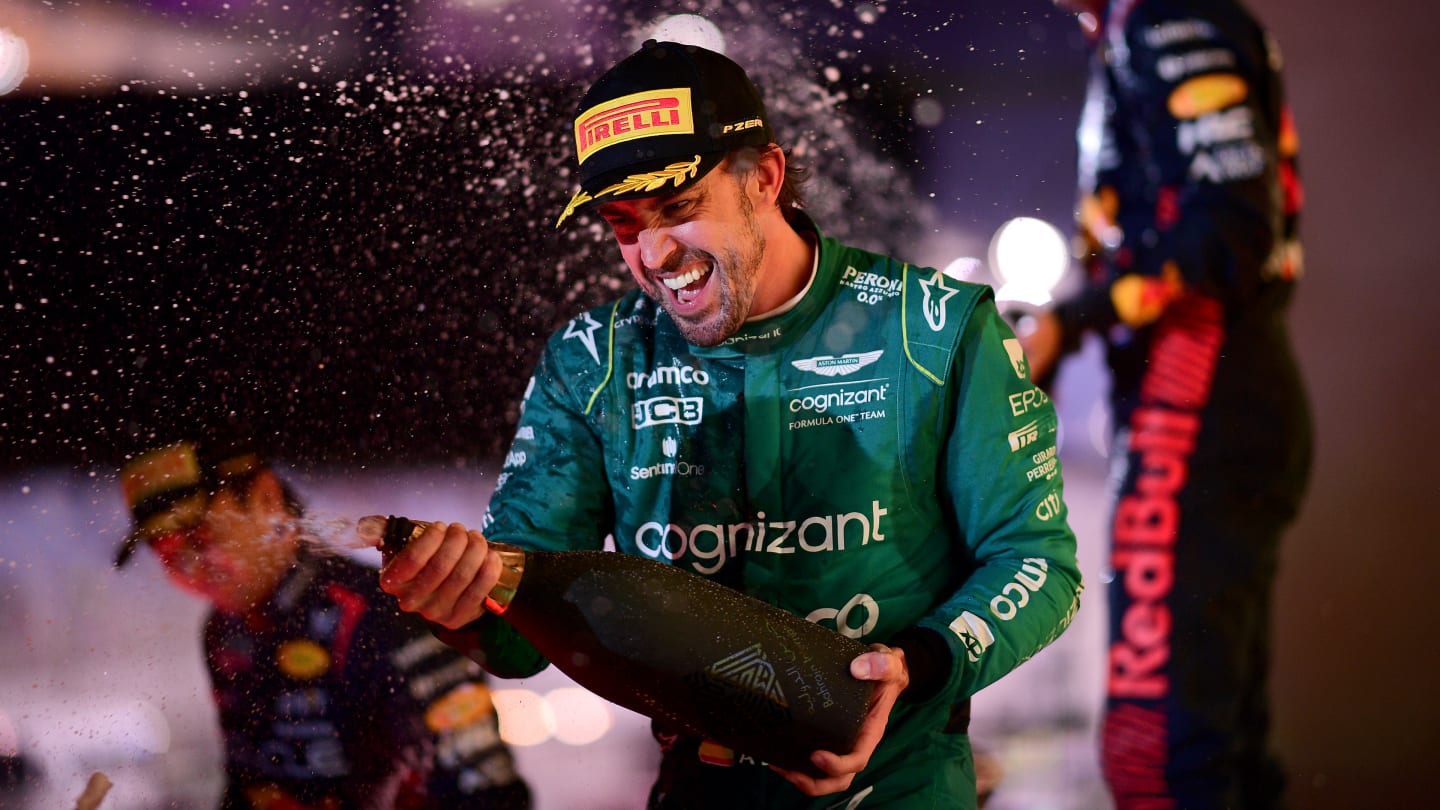 BAHRAIN, BAHRAIN - MARCH 05: Third placed Fernando Alonso of Spain and Aston Martin F1 Team celebrates on the podium during the F1 Grand Prix of Bahrain at Bahrain International Circuit on March 05, 2023 in Bahrain, Bahrain. (Photo by Mario Renzi - Formula 1/Formula 1 via Getty Images)