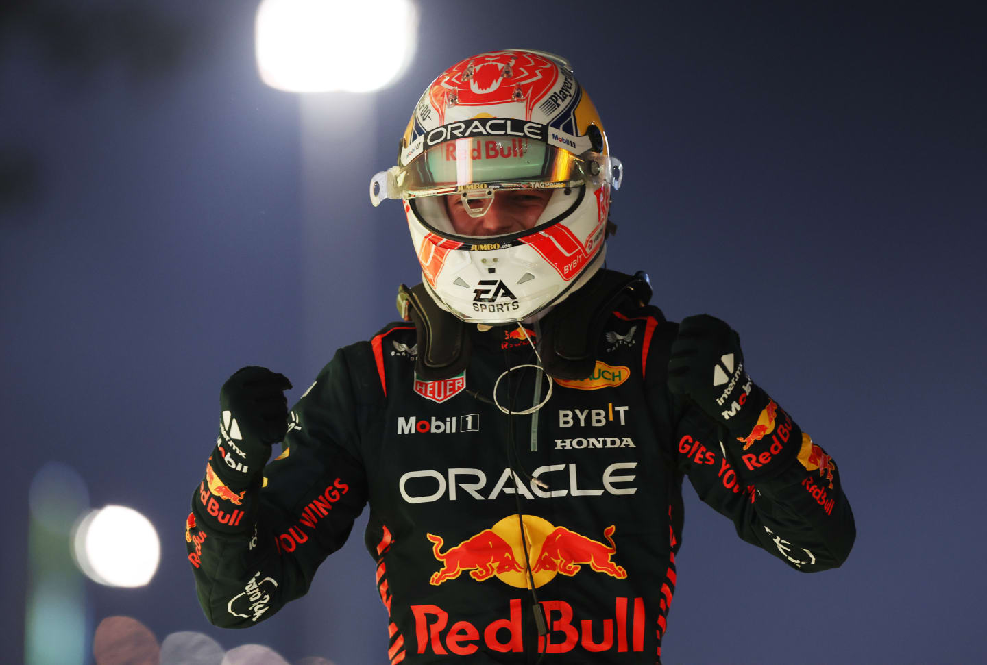 BAHRAIN, BAHRAIN - MARCH 05: Race winner Max Verstappen of the Netherlands and Oracle Red Bull Racing celebrates in parc ferme during the F1 Grand Prix of Bahrain at Bahrain International Circuit on March 05, 2023 in Bahrain, Bahrain. (Photo by Lars Baron/Getty Images)