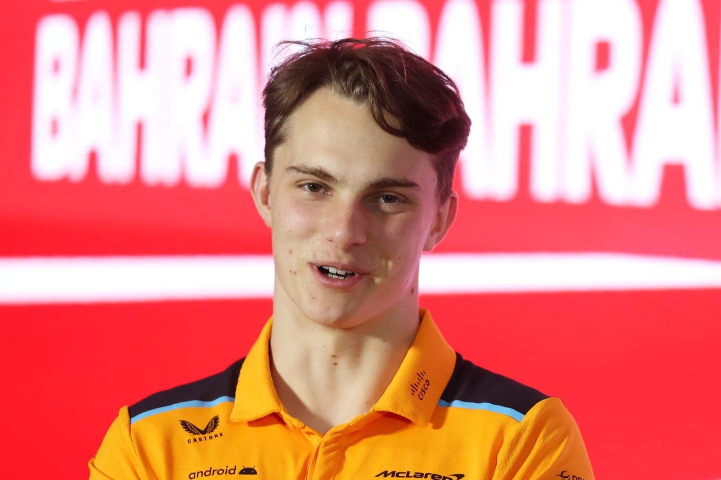 BAHRAIN, BAHRAIN - MARCH 02: Oscar Piastri of Australia and McLaren attends the Drivers Press Conference during previews ahead of the F1 Grand Prix of Bahrain at Bahrain International Circuit on March 02, 2023 in Bahrain, Bahrain. (Photo by Lars Baron/Getty Images)