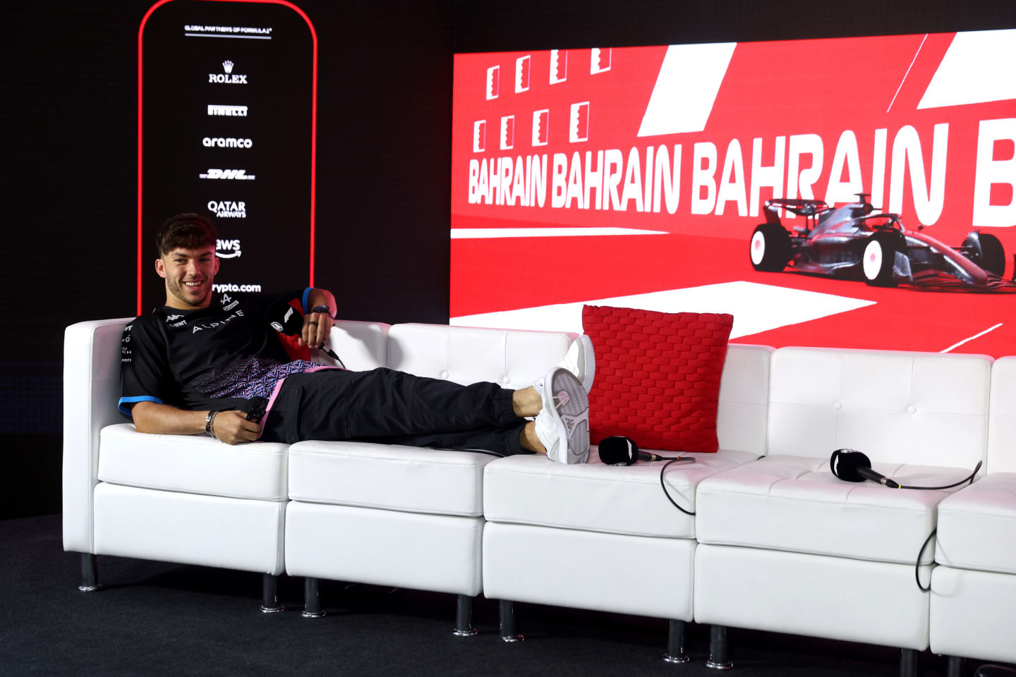 BAHRAIN, BAHRAIN - MARCH 02: Pierre Gasly of France and Alpine F1 attends the Drivers Press Conference during previews ahead of the F1 Grand Prix of Bahrain at Bahrain International Circuit on March 02, 2023 in Bahrain, Bahrain. (Photo by Lars Baron/Getty Images)