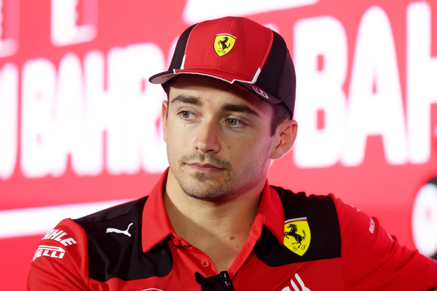 BAHRAIN, BAHRAIN - MARCH 02: Charles Leclerc of Monaco and Ferrari attends the Drivers Press Conference during previews ahead of the F1 Grand Prix of Bahrain at Bahrain International Circuit on March 02, 2023 in Bahrain, Bahrain. (Photo by Lars Baron/Getty Images)