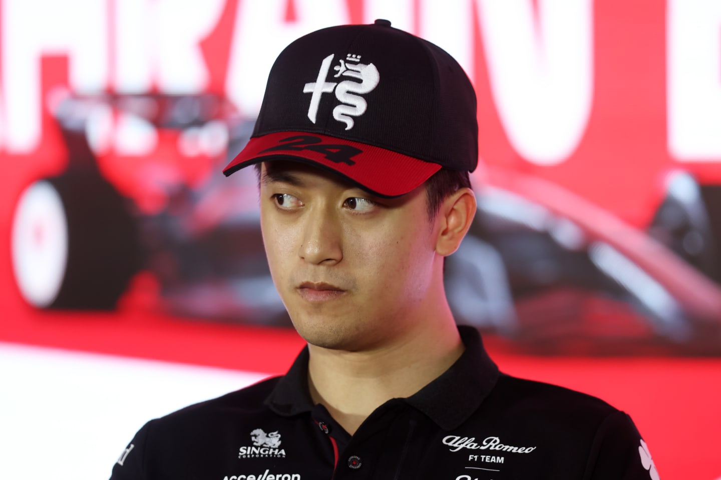 BAHRAIN, BAHRAIN - MARCH 02: Zhou Guanyu of China and Alfa Romeo F1 attends the Drivers Press Conference during previews ahead of the F1 Grand Prix of Bahrain at Bahrain International Circuit on March 02, 2023 in Bahrain, Bahrain. (Photo by Lars Baron/Getty Images)
