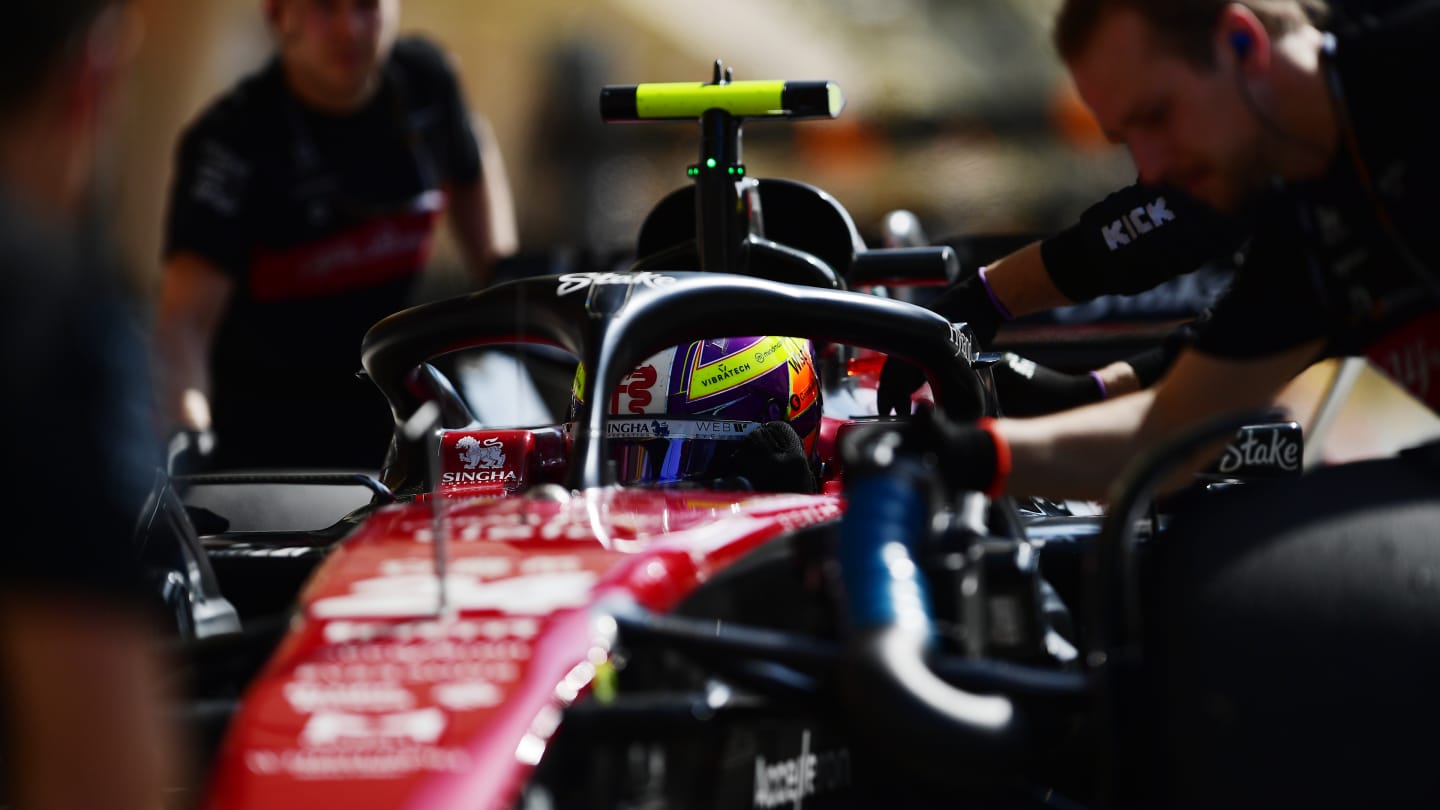 BAHRAIN, BAHRAIN - FEBRUARY 24: Zhou Guanyu of China driving the (24) Alfa Romeo F1 C43 Ferrari in the Pitlane during day two of F1 Testing at Bahrain International Circuit on February 24, 2023 in Bahrain, Bahrain.