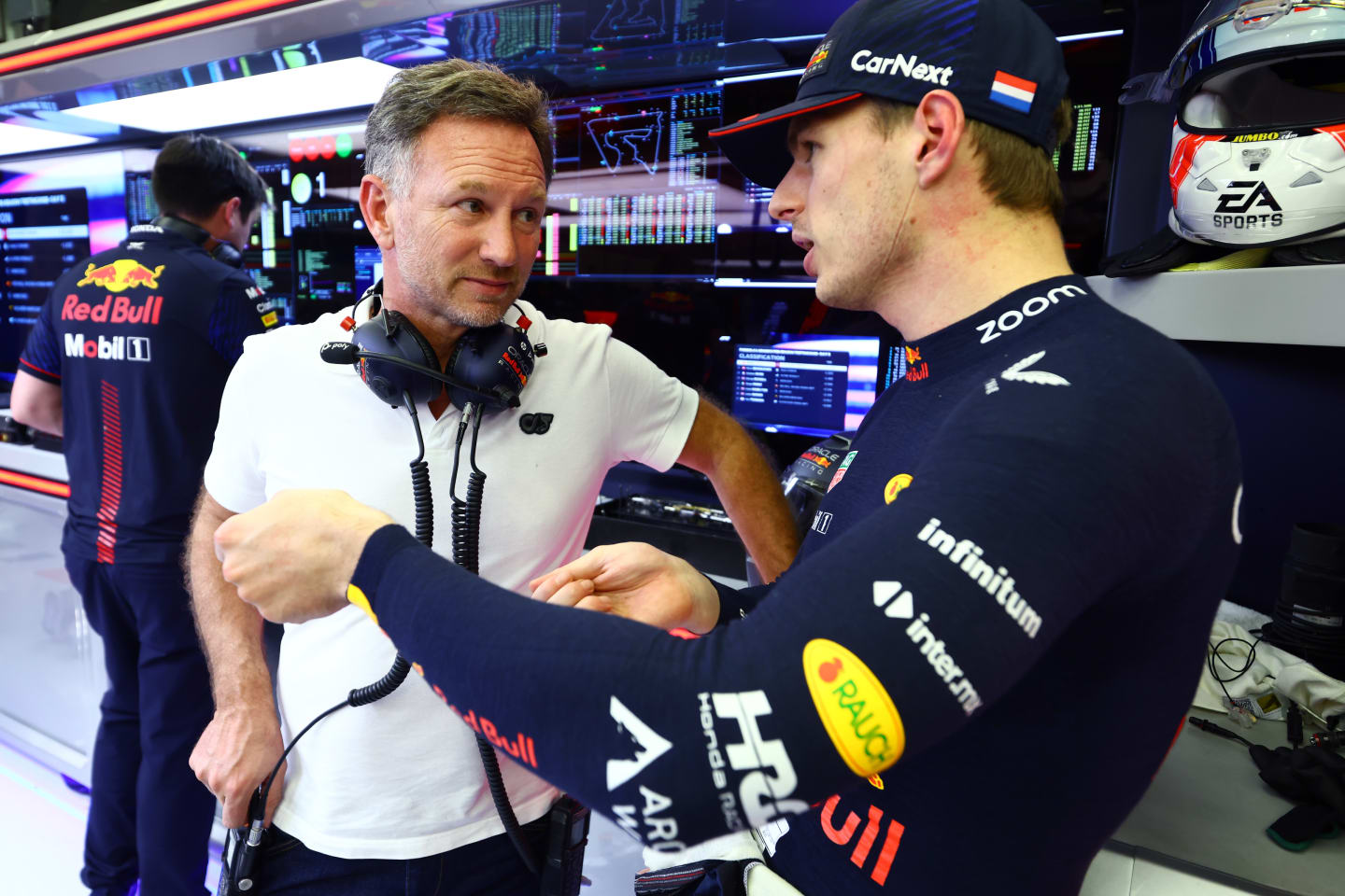 BAHRAIN, BAHRAIN - FEBRUARY 24: Red Bull Racing Team Principal Christian Horner talks with Max