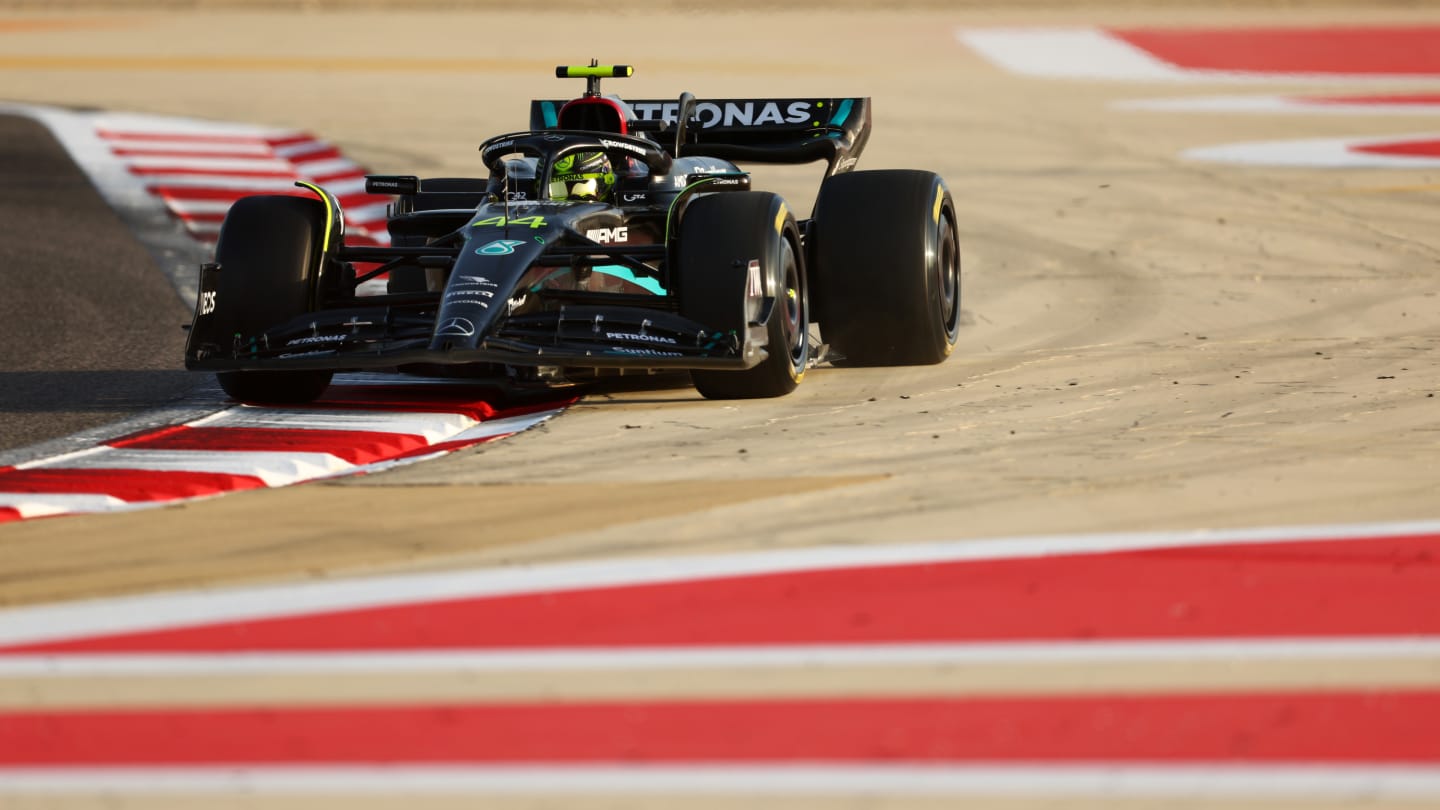 BAHRAIN, BAHRAIN - FEBRUARY 25: Lewis Hamilton of Great Britain driving the (44) Mercedes AMG