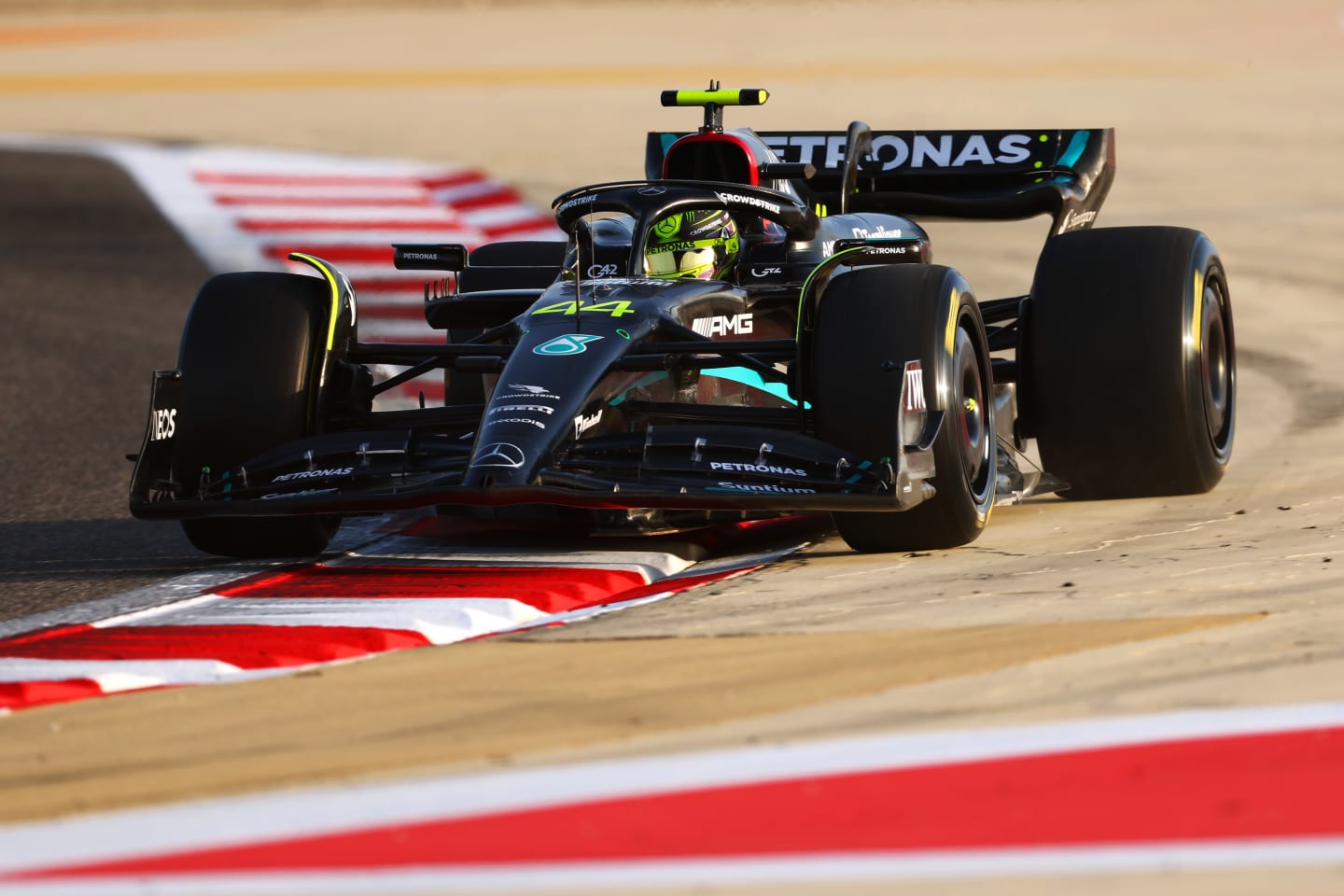 BAHRAIN, BAHRAIN - FEBRUARY 25: Lewis Hamilton of Great Britain driving the (44) Mercedes AMG