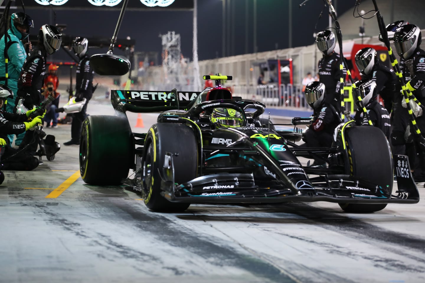 BAHRAIN, BAHRAIN - FEBRUARY 25: Lewis Hamilton of Great Britain driving the (44) Mercedes AMG