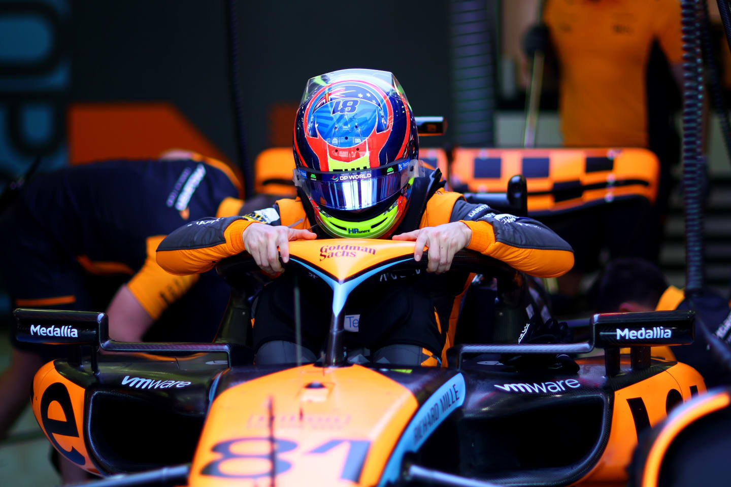 BAHRAIN, BAHRAIN - FEBRUARY 23: Oscar Piastri of Australia and McLaren prepares to drive in the garage during day one of F1 Testing at Bahrain International Circuit on February 23, 2023 in Bahrain, Bahrai