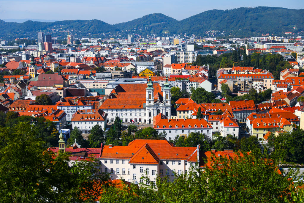 A view on a part of the urban skyline of the historic Old Town pictured from the Schlossberg