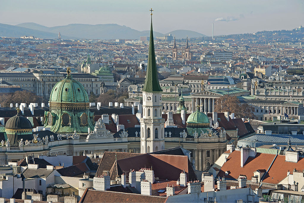 Cityscape with Michaelerkirche and parliament. Vienna. 2013. Photograph by Gerhard Trumler.  (Photo