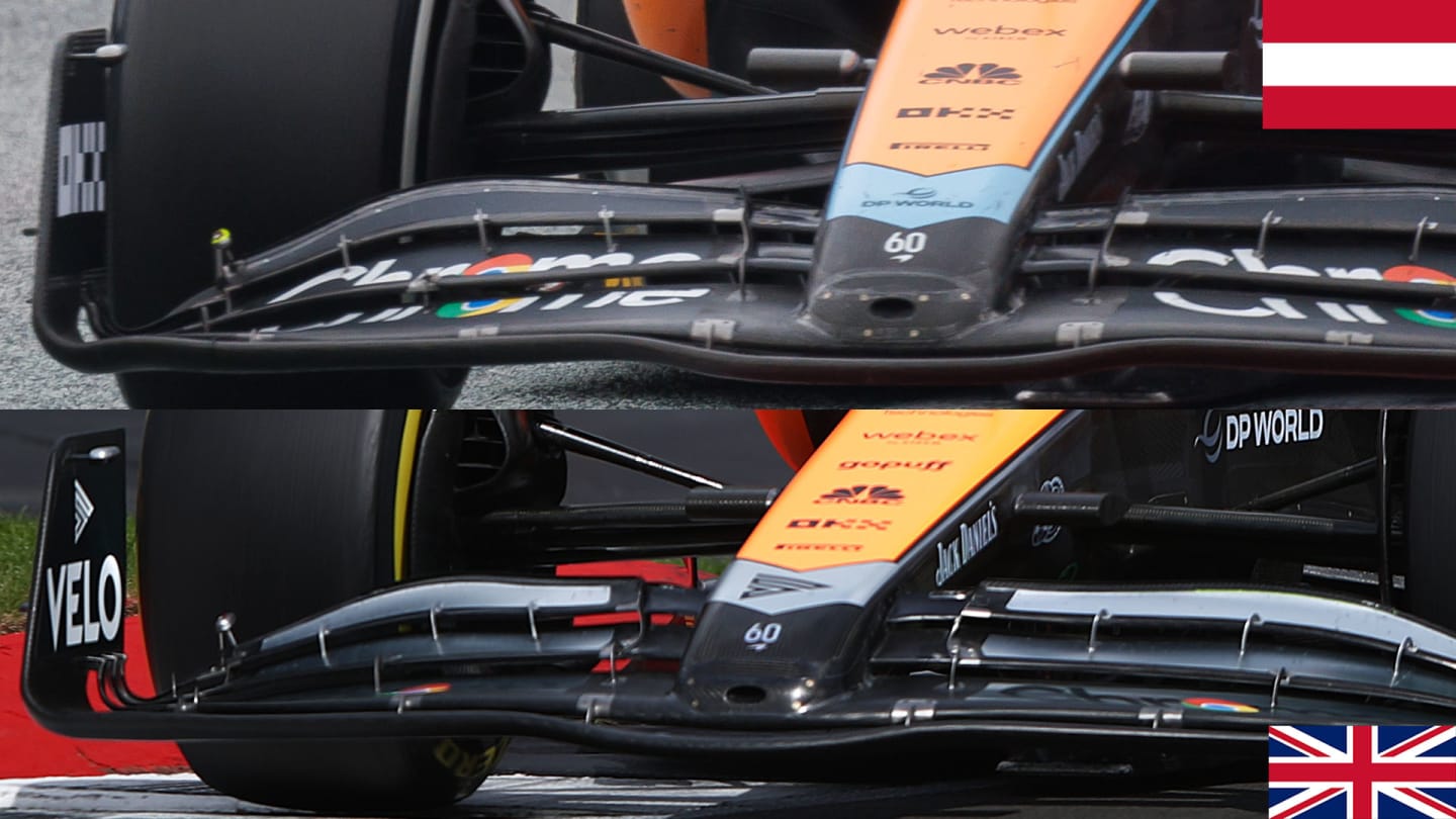 Norris’s front wing in Austria (above) and at Silverstone (below)