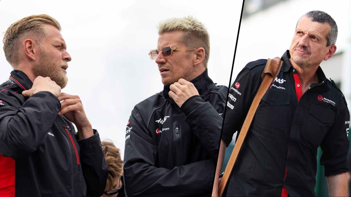 Haas drivers Kevin Magnussen, Nico Hulkenberg and former Team Principal Guenther Steiner