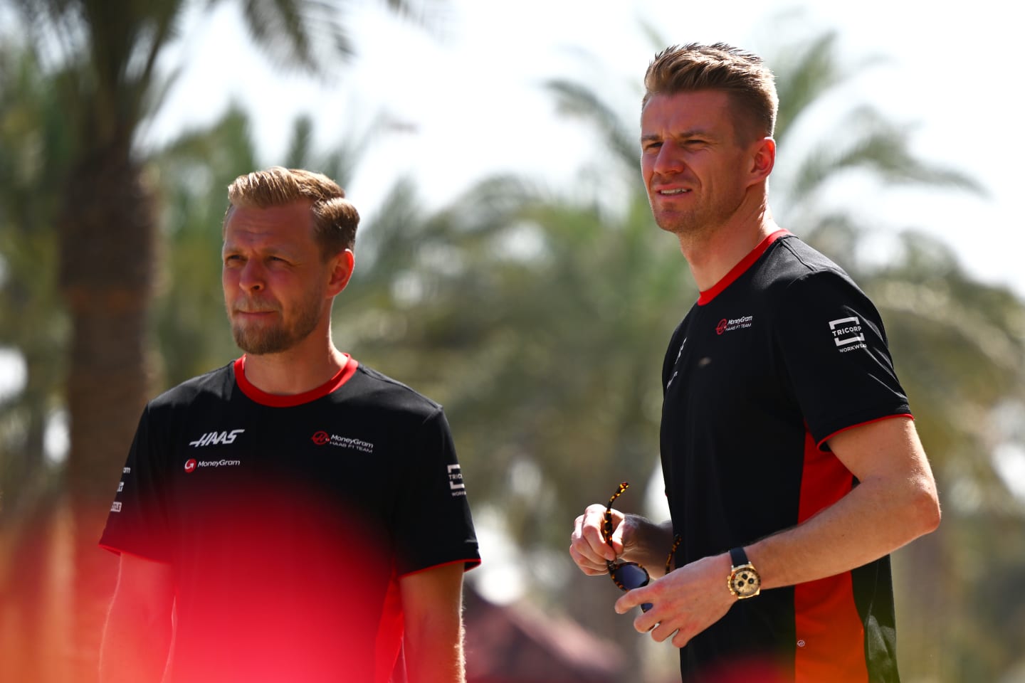 BAHRAIN, BAHRAIN - MARCH 02: Kevin Magnussen of Denmark and Haas F1 and Nico Hulkenberg of Germany