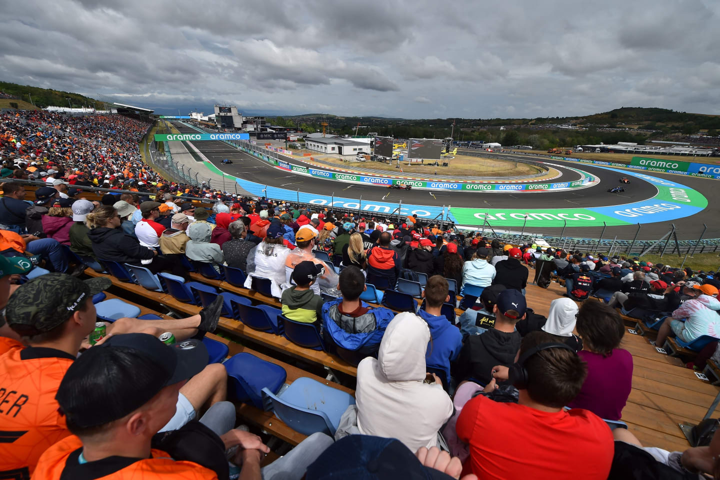 A general view shows spectators on the stands as they wait for the start of the Formula One Hungarian Grand Prix at the Hungaroring in Mogyorod near Budapest, Hungary, on July 31, 2022. (Photo by Ferenc ISZA / AFP) (Photo by FERENC ISZA/AFP via Getty Images)