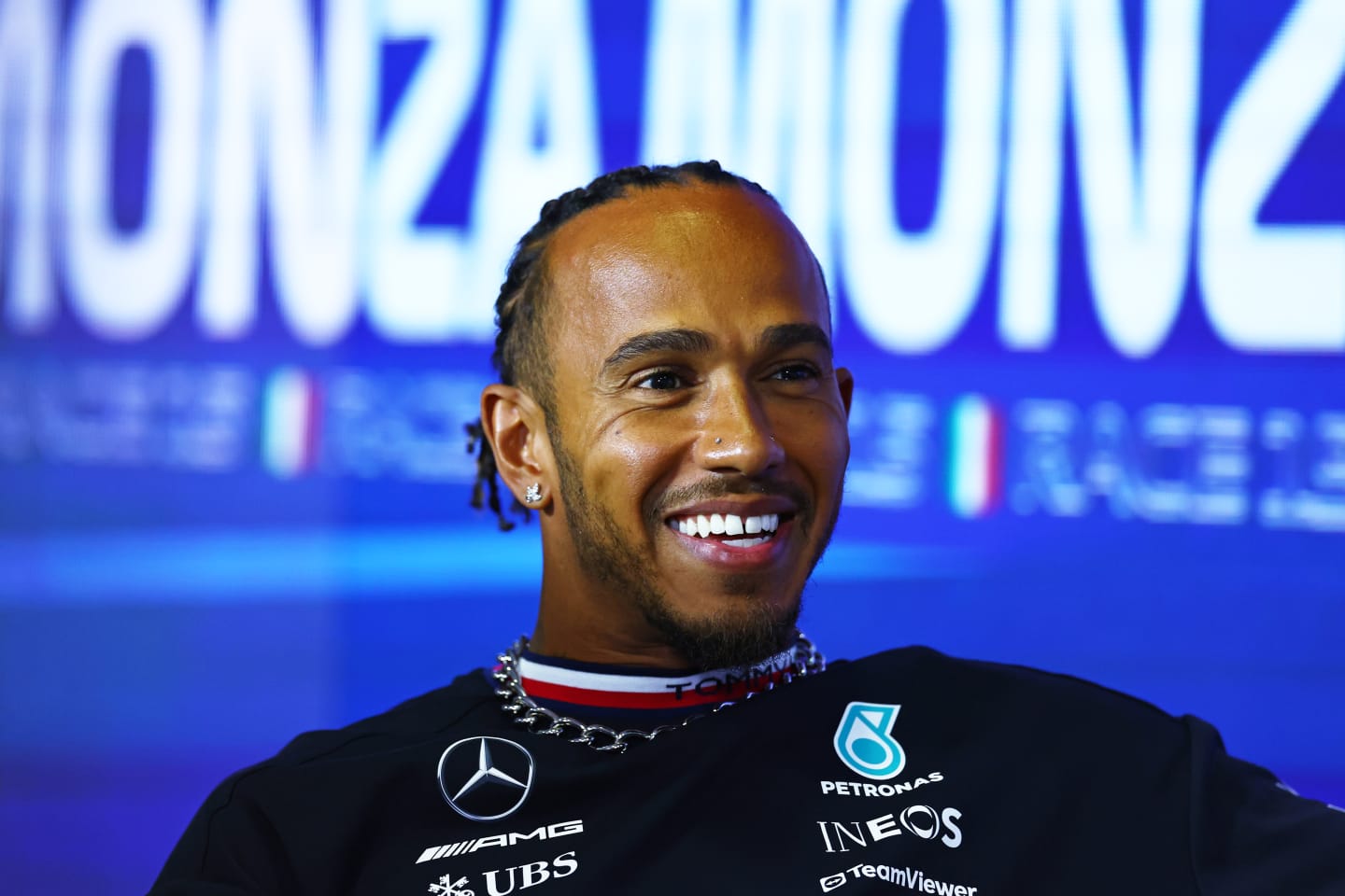 MONZA, ITALY - AUGUST 31: Lewis Hamilton of Great Britain and Mercedes attends the Drivers Press Conference during previews ahead of the F1 Grand Prix of Italy at Autodromo Nazionale Monza on August 31, 2023 in Monza, Italy. (Photo by Bryn Lennon/Getty Images)