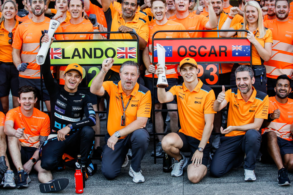 Lando Norris, Zak Brown, CEO of Mclaren Formula 1 Team, Oscar Piastri and Andrea Stella, Team