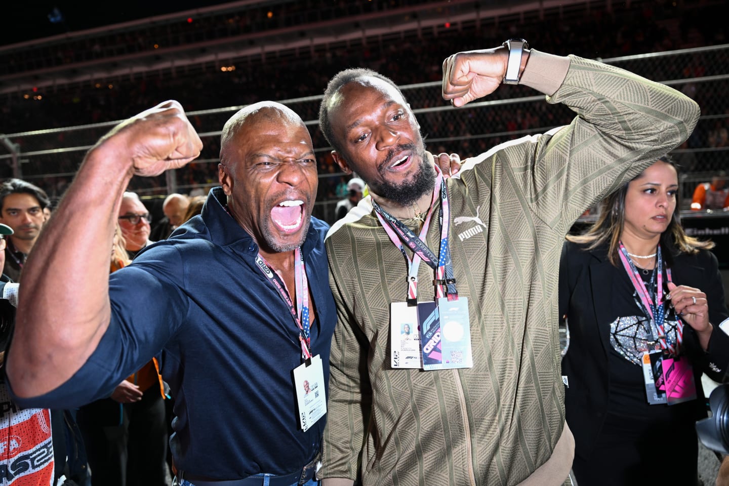 LAS VEGAS, NEVADA - NOVEMBER 18: Jamaican runner Usain Bolt (R) and actor Terry Crews (L) pose during the grid, prior to the F1 Grand Prix of Las Vegas at Las Vegas Strip Circuit on November 18, 2023 in Las Vegas, Nevada, United States. (Photo by Tayfun Cokun/Anadolu via Getty Images)