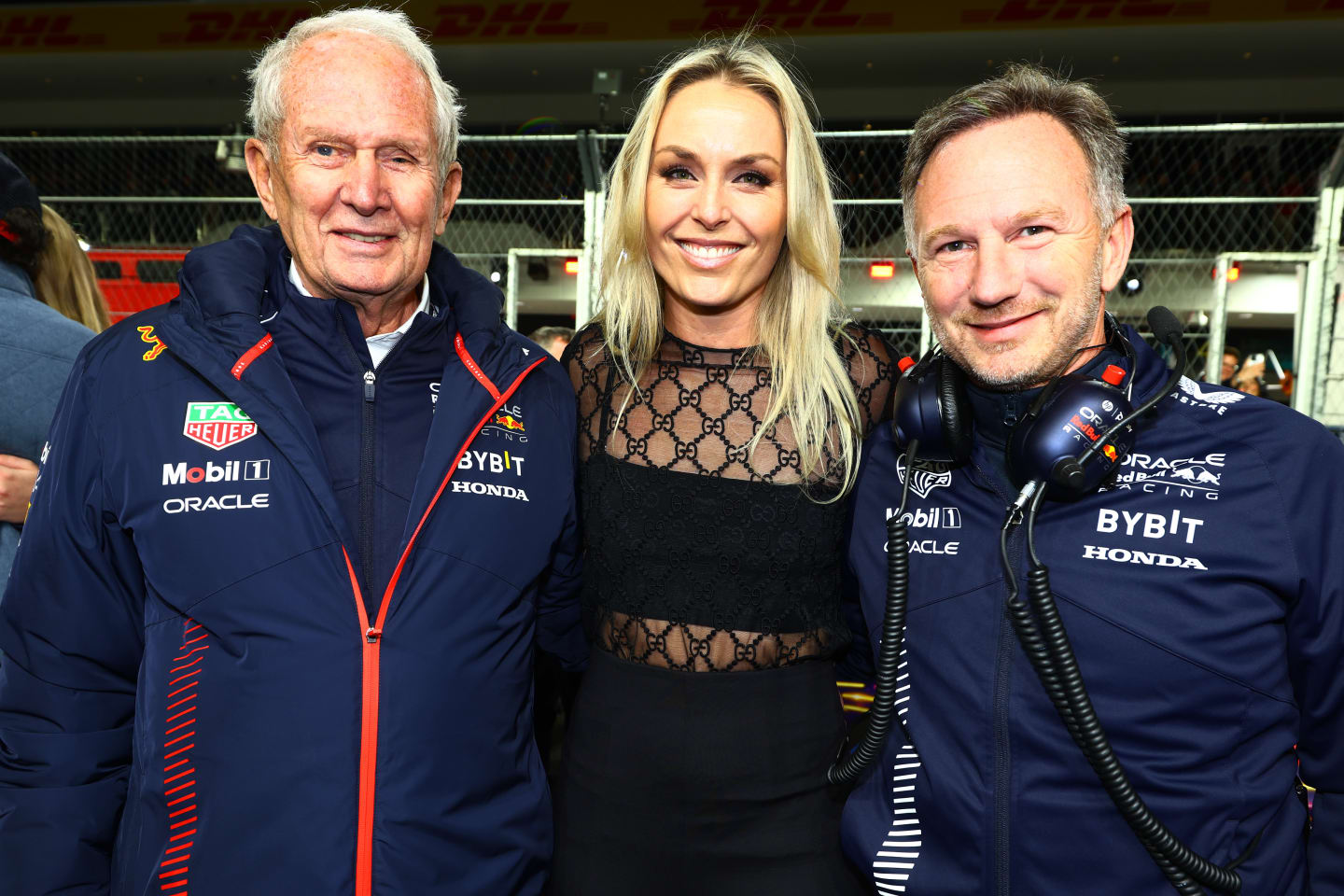 LAS VEGAS, NEVADA - NOVEMBER 18: Red Bull Racing Team Consultant Dr Helmut Marko, Lindsey Vonn and Red Bull Racing Team Principal Christian Horner pose for a photo prior to the F1 Grand Prix of Las Vegas at Las Vegas Strip Circuit on November 18, 2023 in Las Vegas, Nevada. (Photo by Mark Thompson/Getty Images)
