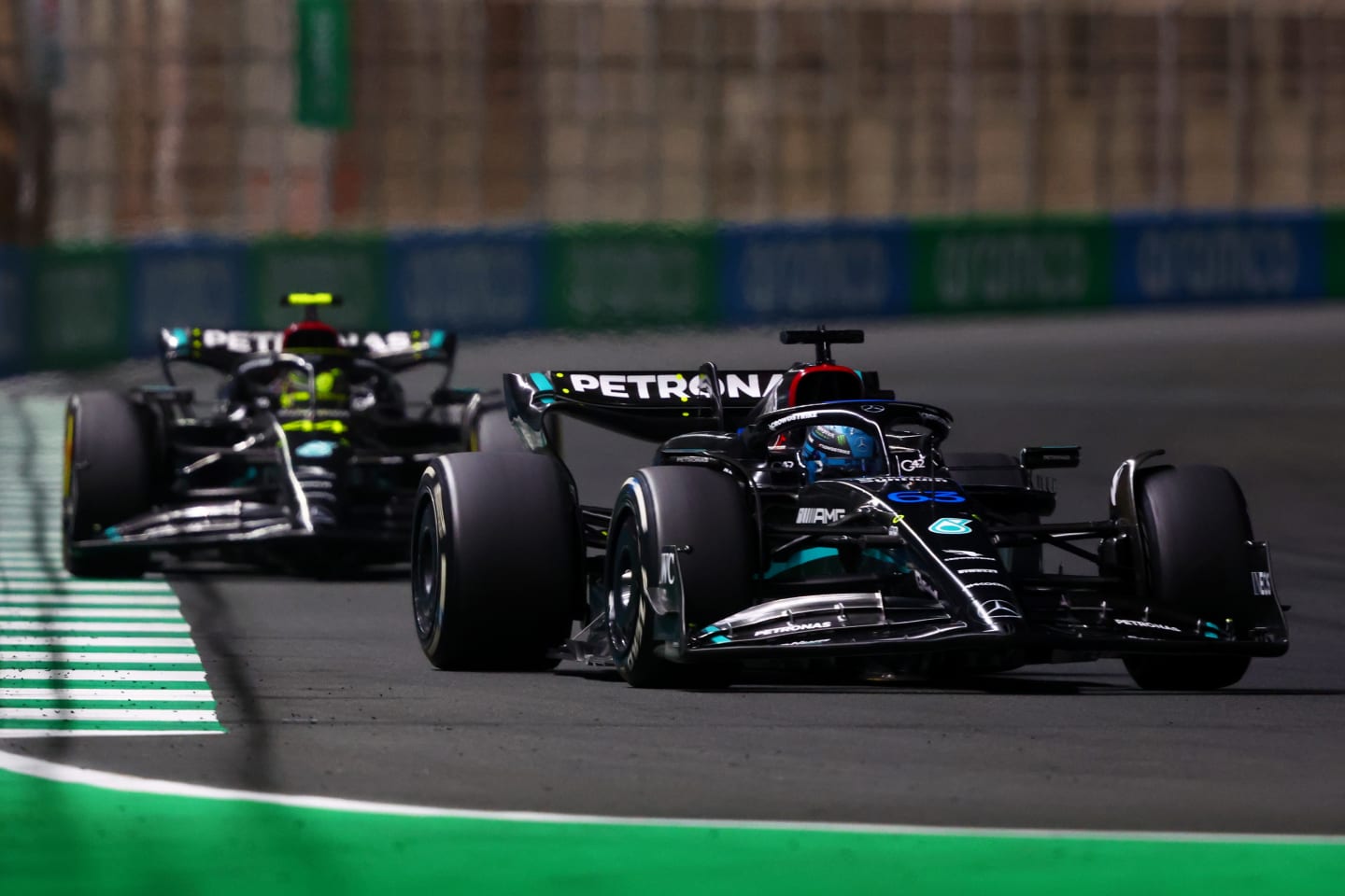 JEDDAH, SAUDI ARABIA - MARCH 19: George Russell of Great Britain driving the (63) Mercedes AMG