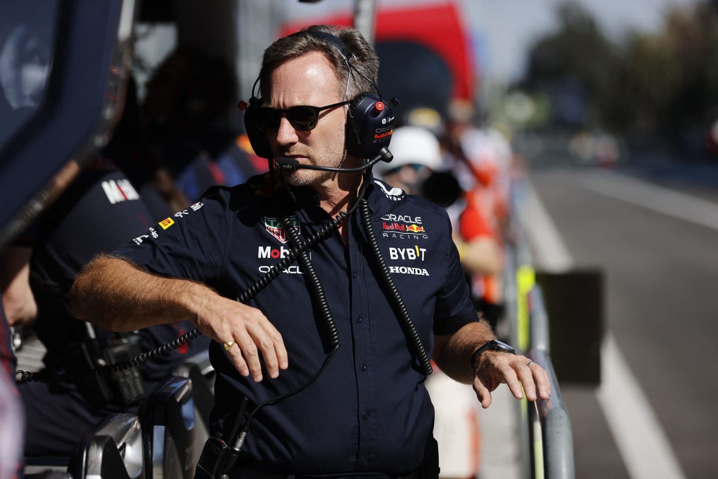 Red Bull Racing's British team principal Christian Horner watches the qualifying session session