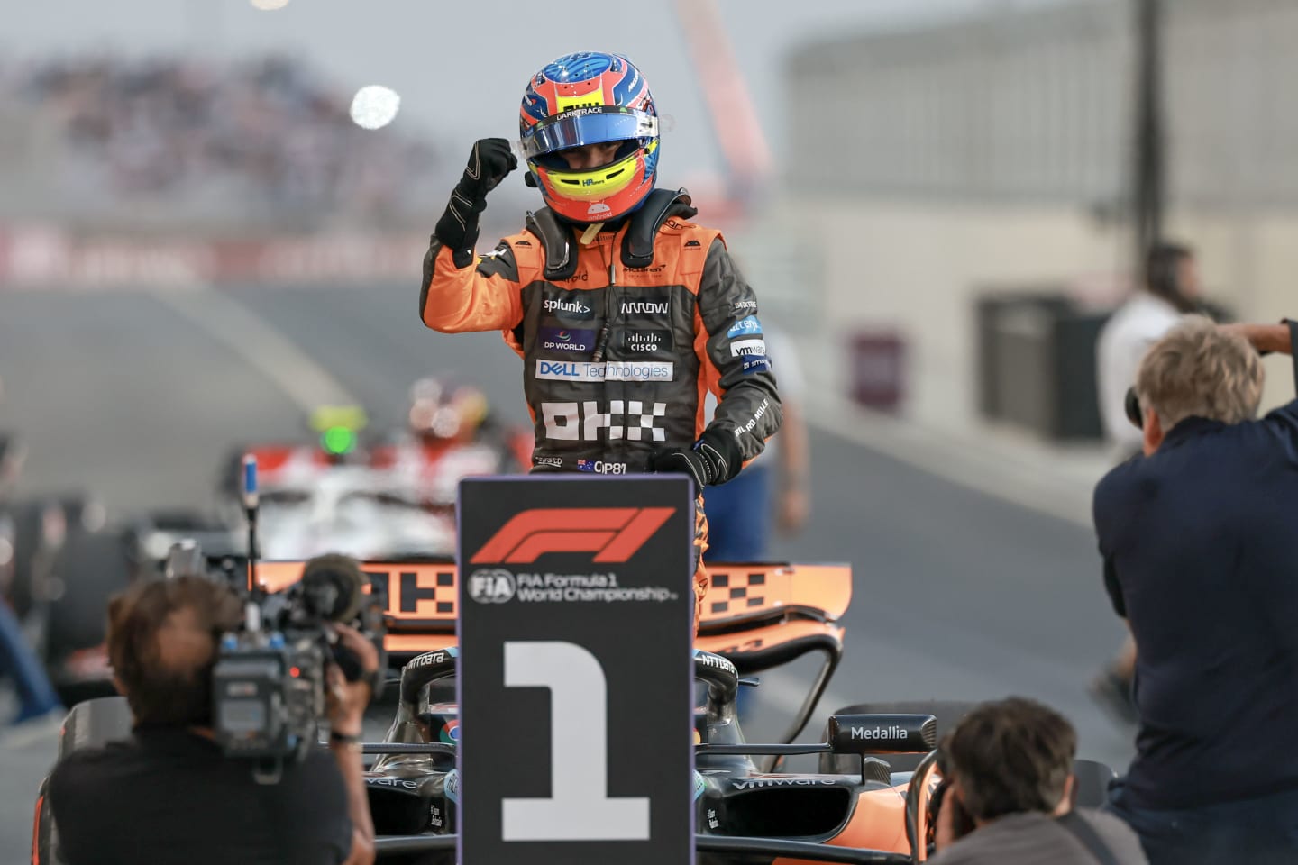 LUSAIL CITY, QATAR - OCTOBER 7: Oscar Piastri of Australia and McLaren F1 Team celebrates his