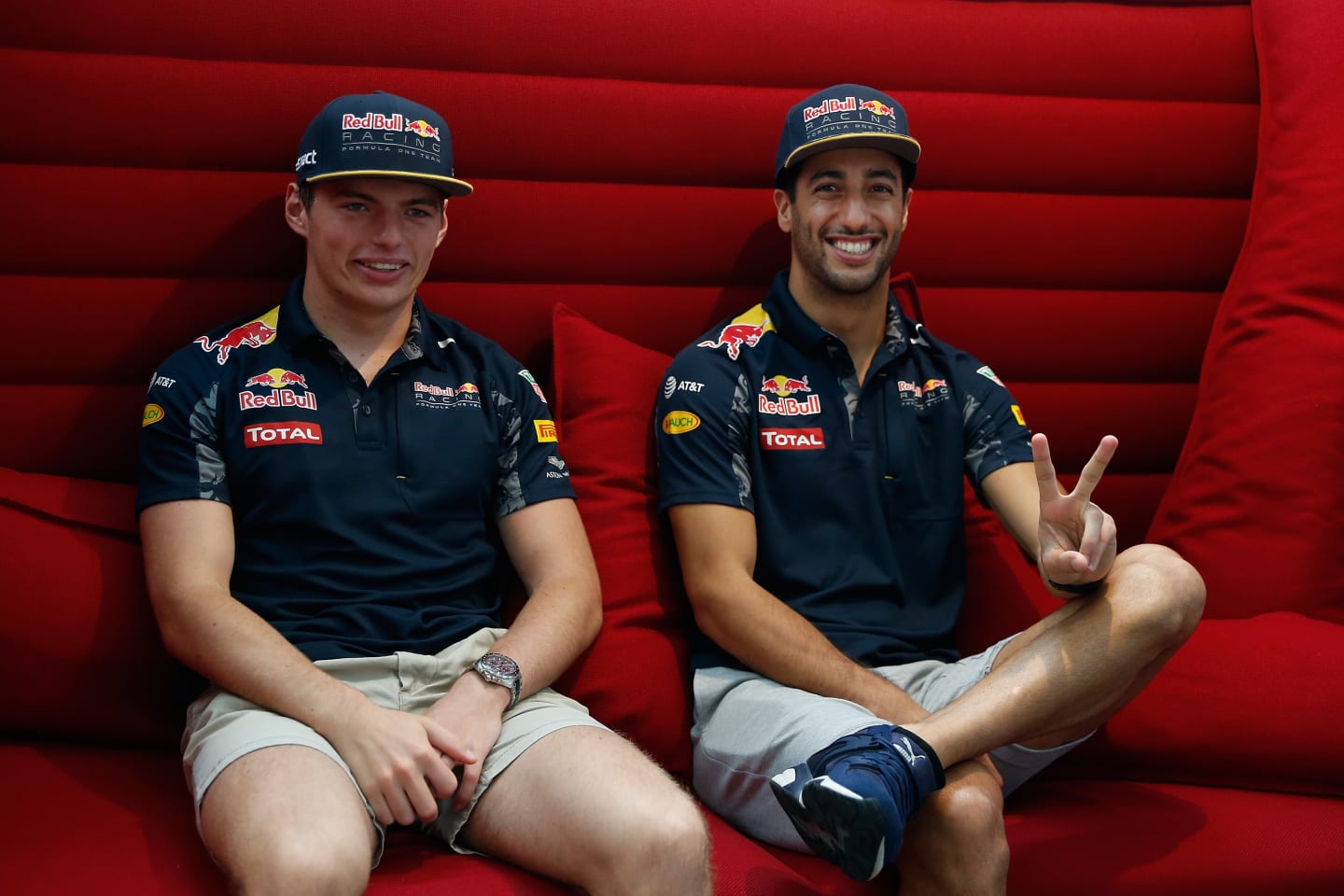 TOKYO, JAPAN - OCTOBER 05:  Daniel Ricciardo of Australia and Red Bull Racing and Max Verstappen of