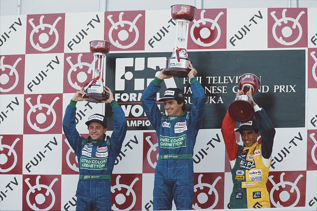 Nelson Piquet of Brazil, driver of the #20 Benetton Formula Benetton B189B Ford V8 celebrates with